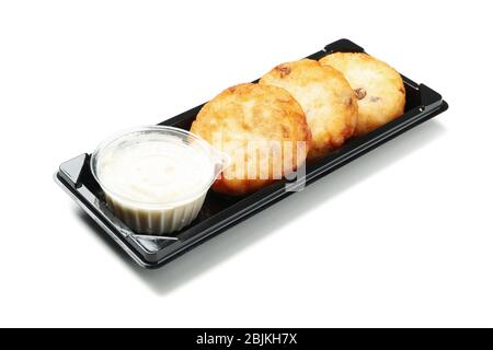 Cheesecakes in take away box isolated on white background Stock Photo
