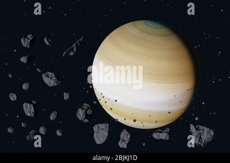 Planet Saturn of solar system near field with rocks in outer space. 3D render image. Elelments of this image were furnished by NASA., Stock Photo