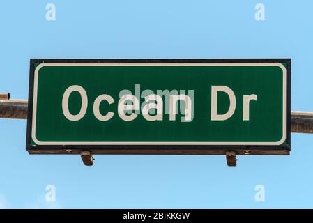 Street sign of famous street Ocean Drive in Art Deco, Miami South Beach, Florida, USA.