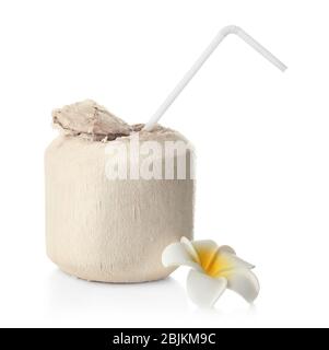 Fresh coconut water in nut on white background Stock Photo