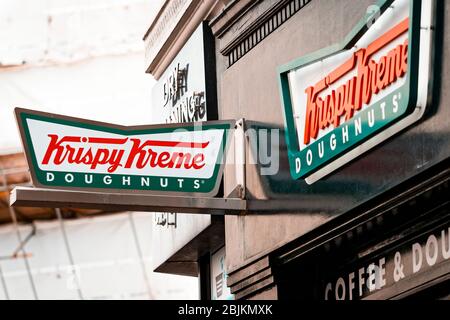 Krispy Kreme Doughnuts Sign, Krispy Kreme Doughnuts, Inc is an American company formed in 1937. Stock Photo