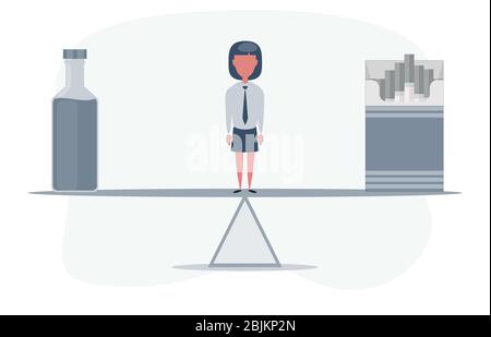 Woman standing on seesaw between an alcohol and a pack of cigarettes. Stock Vector