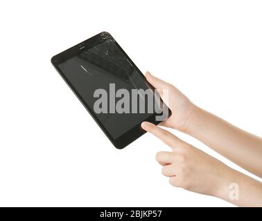 Woman holding tablet with broken screen on white background Stock Photo