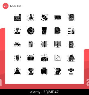Set of 25 Commercial Solid Glyphs pack for creative, transfer, finance, fund, flour Editable Vector Design Elements Stock Vector