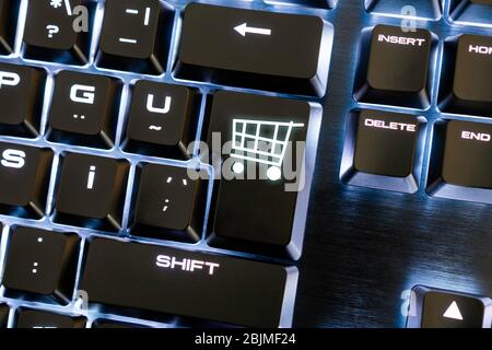 Closeup view of keypad for easy and comfortable online shopping indoor. Virtual e commerce concept Stock Photo