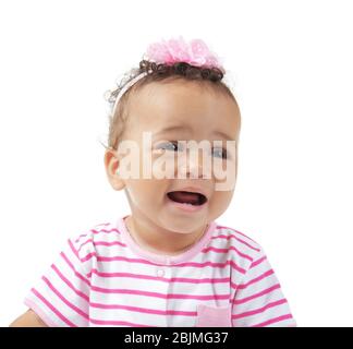 Cute little baby in striped clothes, isolated on white Stock Photo