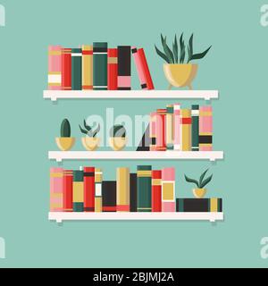 White bookshelf with books and plants. Element of home interior design. Modern interior. Shelves full of boks. Vector illustration isolated on a light Stock Vector