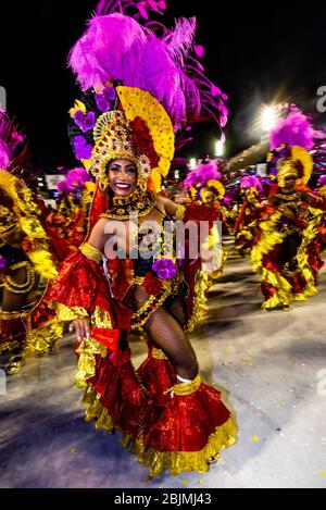 Dancers in the Carnaval parade of Academicos do Salgueiro samba school in the Sambadrome, Rio de Janeiro, Brazil.