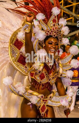 Samba dancer in the Carnaval parade of Academicos do Salgueiro samba school in the Sambadrome, Rio de Janeiro, Brazil.