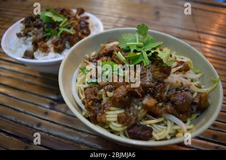 Minced pork noodles Lu Rou Mian and minced pork rice Lu Rou Fan in Tainan, Taiwan Stock Photo