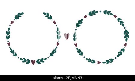 Hand drawn circle wreath with hearts, leaves and space for your text. Good for wedding invitations and valentine's day cards. Set of hand drawn herbal Stock Vector