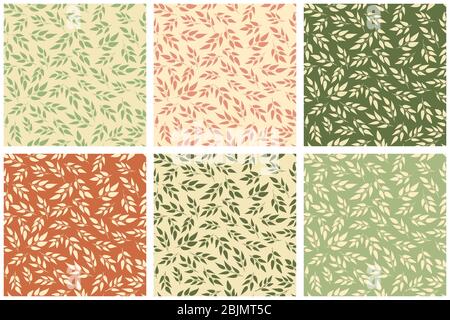 Set of 6 Simple Floral Vector Seamless Patterns. Orange, green, beige Leaves on a light Background. Lovely Repeatable Autumn Layouts. Soft Green Stock Vector
