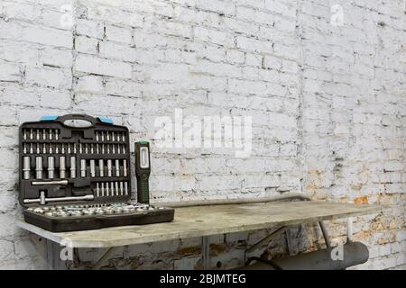 Special tools auto mechanic. In the box. standing on the table. Car service tools Stock Photo