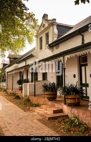 South Africa; Stellenbosch; Dorp Street, cast iron balconies outside Krige Cottages, erected in 1850, remodelled in 1900 Stock Photo