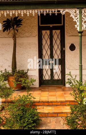 South Africa; Stellenbosch; Dorp Street, Krige Cottages erected in 1850, doorway, below cast iron balconies remodelled in 1900 Stock Photo