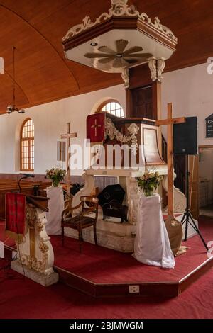 South Africa, Stellenbosch, The Braak, Bloem Street, 1829 Dutch Reformed, Rhenish Mission Church interior, wooden pulpit with canopy Stock Photo