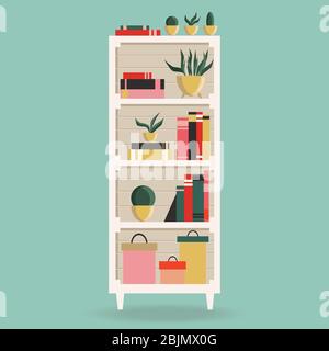 White bookshelf with books and plants. Element of home interior design. Modern interior. Shelves from drawers full of boks. Vector illustration Stock Vector
