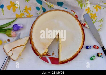 Delicious homemade cheesecake/ Cheesecake slice, New York style classical cheese cake on white background. Slice of tasty cake served on white plate Stock Photo