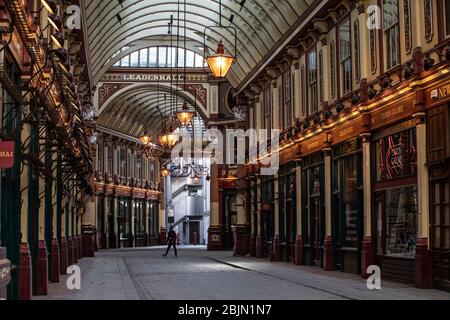 A completely abandoned Leadenhall Market in the heart of the City of London during the coronavirus COVID-19 lockdown, England,UK Stock Photo