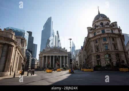 A completely abandoned Bank of England and Royal Exchange early this morning in the heart of the City of London during the coronavirus lockdown, UK