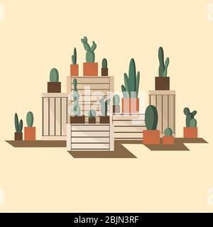 Cactus pots on drawers. Wooden boxes ond house plants. Flat vector illustration on light beige background.Interior design element with green plants Stock Vector