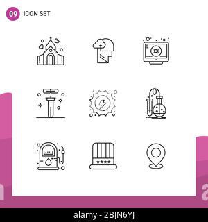Pack of 9 creative Outlines of electrical, laboratory, screen, flasks, biology Editable Vector Design Elements Stock Vector