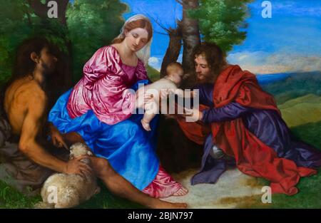 The Virgin and Child in a Landscape with St John the Baptist and another Male Saint, Titian, circa 1518-1520, Stock Photo