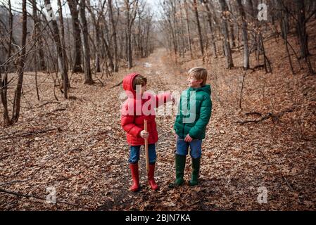 Two happy boys hiking through the forest, USA Stock Photo