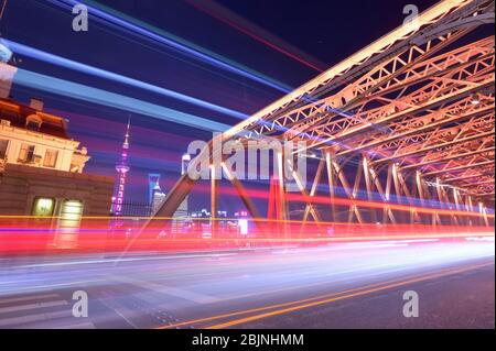 Light trails across Waibaidu bridge, Shanghai, China Stock Photo