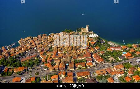 castello Scaligero di Malcesine in Malcesine at Lago di Garda, 01.09.2016, aerial view, Italy, Veneto, Lake Garda, Malcesine Stock Photo