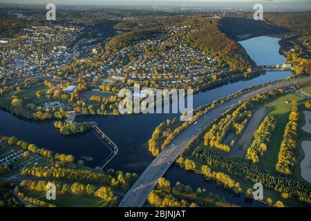 confluence of the rivers Ruhr and Volme at Herdecke, 31.10.2016, aerial view, Germany, North Rhine-Westphalia, Ruhr Area, Herdecke Stock Photo