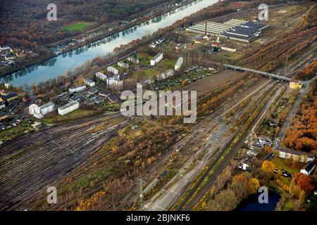 former freight depot in Duisburg-Wedau, aerial view with water tower, 23.11.2016, Germany, North Rhine-Westphalia, Ruhr Area, Duisburg Stock Photo