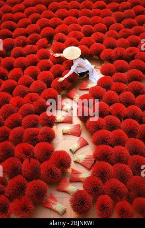 Woman gathering dried Incense sticks, Hanoi, Vietnam Stock Photo