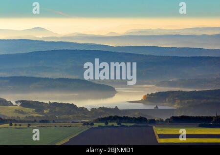 lake Moehnesee in morning mist, 16.10.2016, aerial vie, Germany, North Rhine-Westphalia, Sauerland, Moehnesee Stock Photo