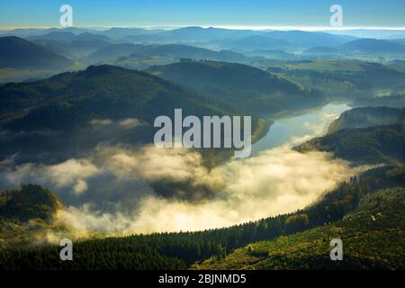 misty lake of Hennesee in Meschede, 16.10.2016, aerial view, Germany, North Rhine-Westphalia, Sauerland, Meschede Stock Photo
