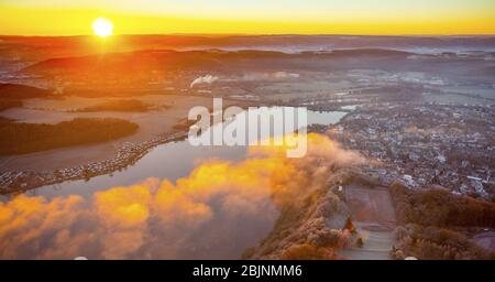 gas emission of the combined heat and power station Herdecke over lake Harkortsee at Wetter in evening sun, 29.11.2016, aerial view, Germany, North Rhine-Westphalia, Wetter (Ruhr) Stock Photo