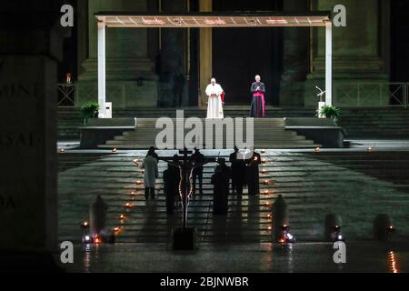 Rome, April 10, 2020, Vatican City : The Holy Week in Rome at the time of Coronavirus outbreak.The Pope Francis take part the Way the Cross (Via Cruci Stock Photo