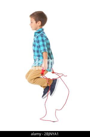 Adorable boy skipping rope, isolated on white Stock Photo