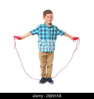 Adorable boy skipping rope, isolated on white Stock Photo