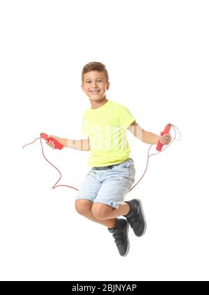 Adorable boy skipping rope, isolated on white Stock Photo