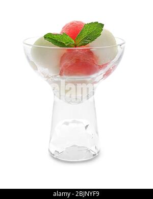 Melon and watermelon balls in glass, isolated on white Stock Photo