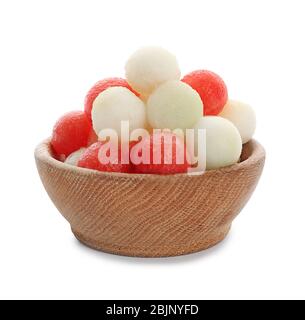 Melon and watermelon balls in bowl, isolated on white Stock Photo