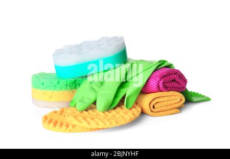 Car cleaning supplies on white background Stock Photo