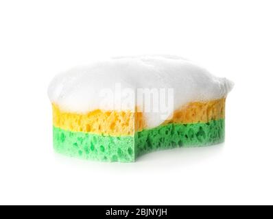 Sponge with suds on white background Stock Photo