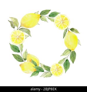 Watercolor lemon wreath and passionflower fruit, round frame, invitation template Stock Photo