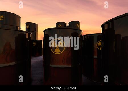 3D rendering of a stack of barrels with radioactive material abandoned in the desert. Stock Photo