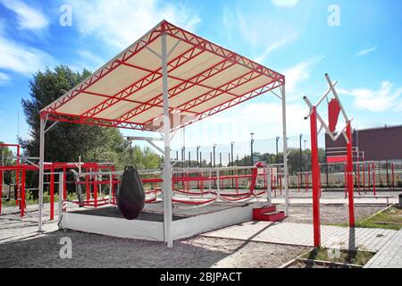 Boxing ring prepared for competition, outdoors Stock Photo