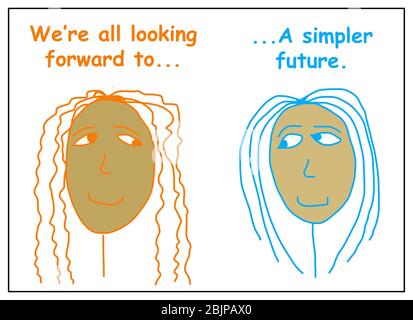 Color cartoon of two african-american women saying that we are all looking forward to a simpler future. Stock Photo