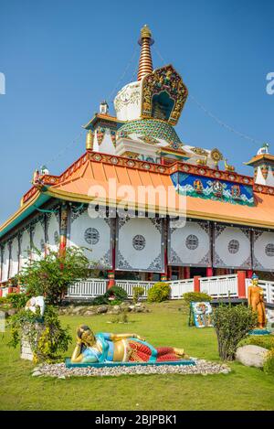 German Buddhist Temple, Lumbini Monastic Zone, Lumbini, Nepal. Lumbini is one of the worlds most Buddhist spiritual sites and the birthplace of Siddhartha Gautama, the founder of Buddhism. Lumbini Monastic Zone has a number of monasteries and temples build by Buddhist organizations from various countries, have been completed or are still under construction. Lumbini was made a World Heritage Site by UNESCO in 1997. Stock Photo