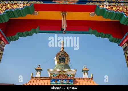 German Buddhist Temple, Lumbini Monastic Zone, Lumbini, Nepal. Lumbini is one of the worlds most Buddhist spiritual sites and the birthplace of Siddhartha Gautama, the founder of Buddhism. Lumbini Monastic Zone has a number of monasteries and temples build by Buddhist organizations from various countries, have been completed or are still under construction. Lumbini was made a World Heritage Site by UNESCO in 1997. Stock Photo